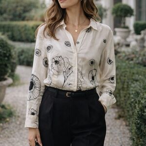 Jonathan Martin Studio Ivory Silk Floral Button Front Blouse 10 Artistic Boho Vi